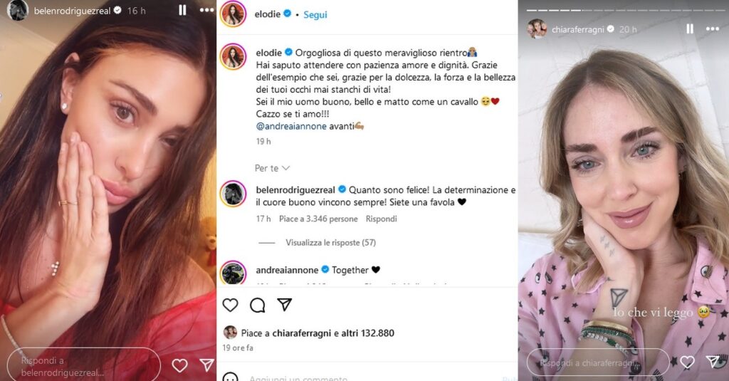 Belen e Ferragni commentano Elodie e Andrea Iannone