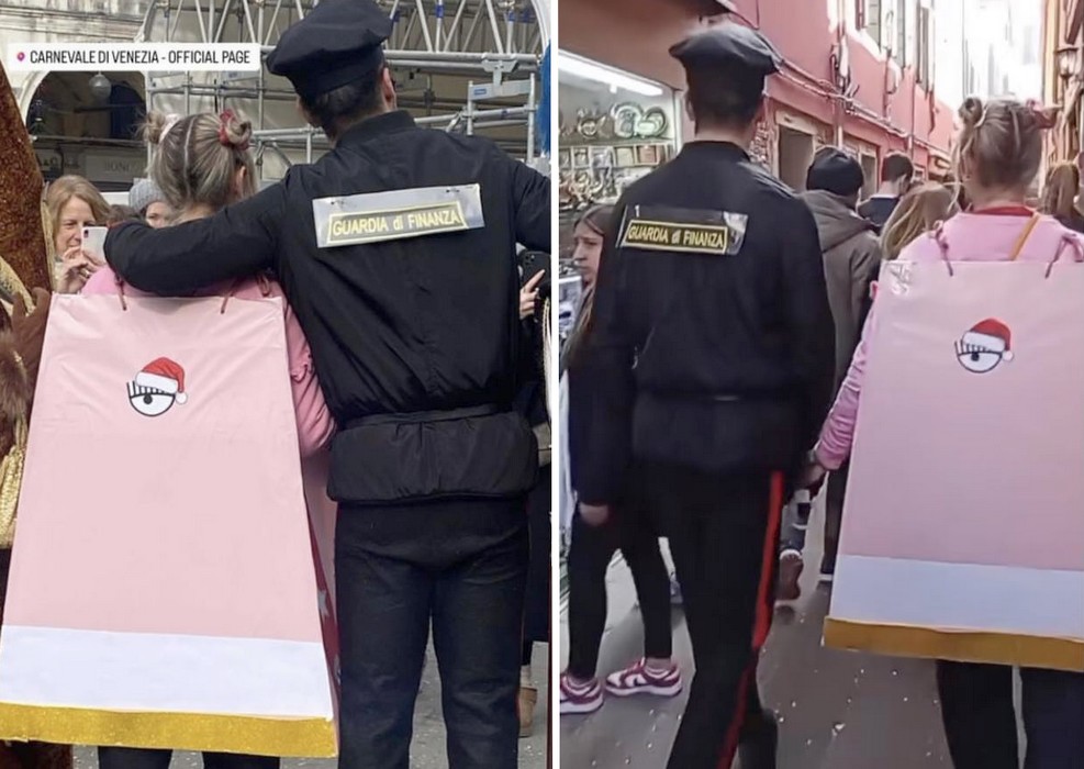 Carnevale di Venezia 2024, Il costume a pandoro Balocco accompagnato dalla Guardia di Finanza